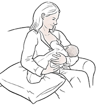 Eine Frau, die ihr Baby in Wiege-Haltung stillt.